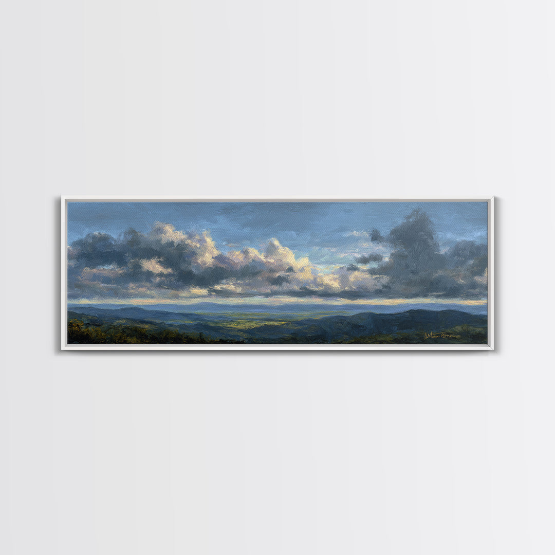 Dramatic Cloudscape over a Distant Valley Canvas Print, Above Sofa Art, Boho Wall Art, Living Room Decor, Watercolor Art, ASA-3x1-21