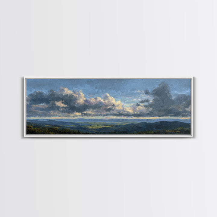 Dramatic Cloudscape over a Distant Valley Canvas Print, Above Sofa Art, Boho Wall Art, Living Room Decor, Watercolor Art, ASA-3x1-21