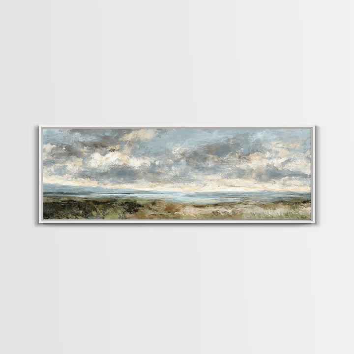 Dramatic Cloudscape over a Distant Valley Canvas Print, Above Sofa Art, Boho Wall Art, Living Room Decor, Watercolor Art, ASA-3x1-45