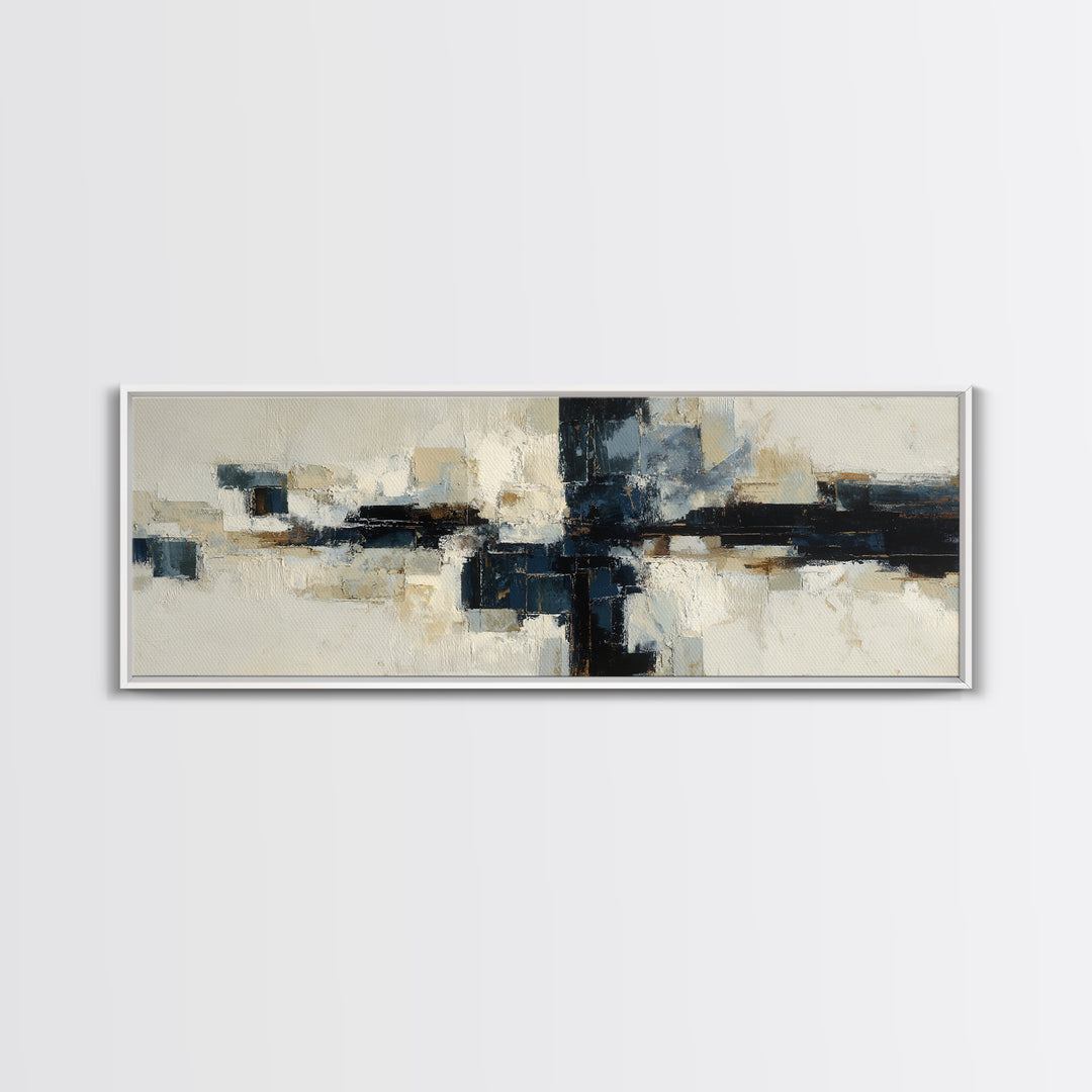 Bold Navy and Ivory Abstract Brushwork Framed Canvas Print, Above Sofa Art, Farmhouse Decor, Living Room Decor, Statement, ASA-3x1-58