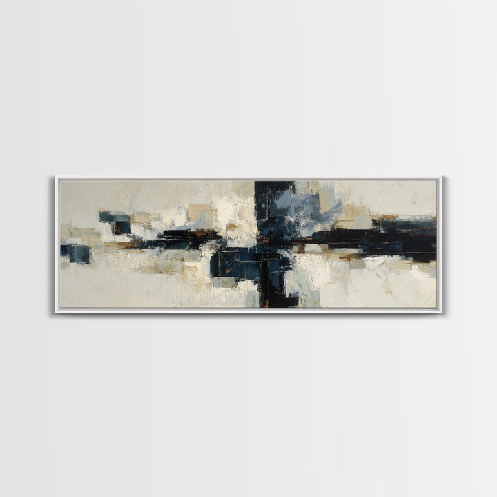 Bold Navy and Ivory Abstract Brushwork Framed Canvas Print, Above Sofa Art, Farmhouse Decor, Living Room Decor, Statement, ASA-3x1-58