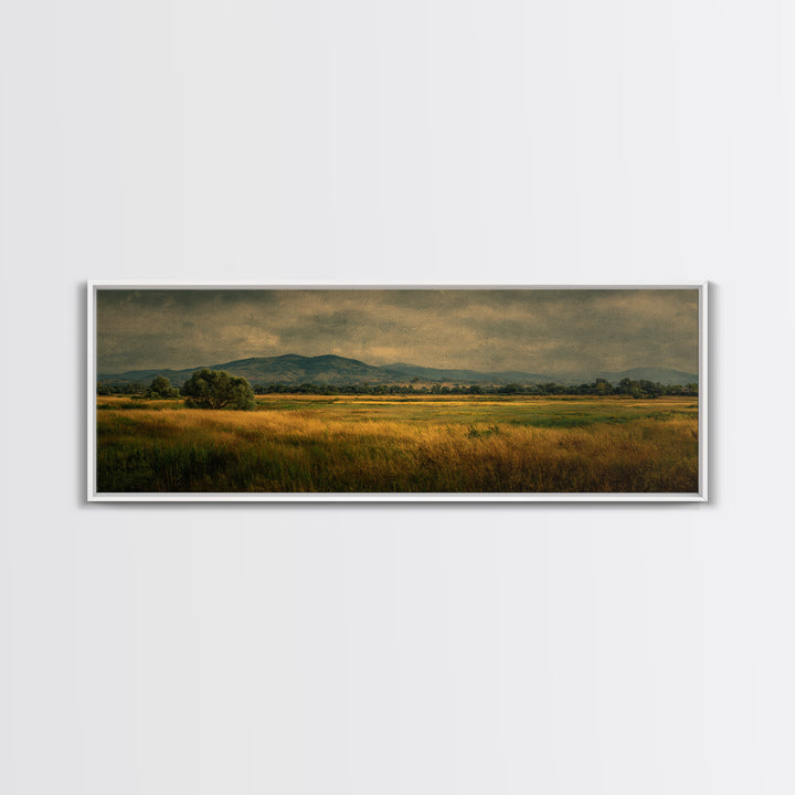 Wide Olive and Beige Meadow Panorama Framed Canvas Print, Above Sofa Art, Boho Wall Art, Living Room Decor, Fine Art, Statement, ASA-3x1-74