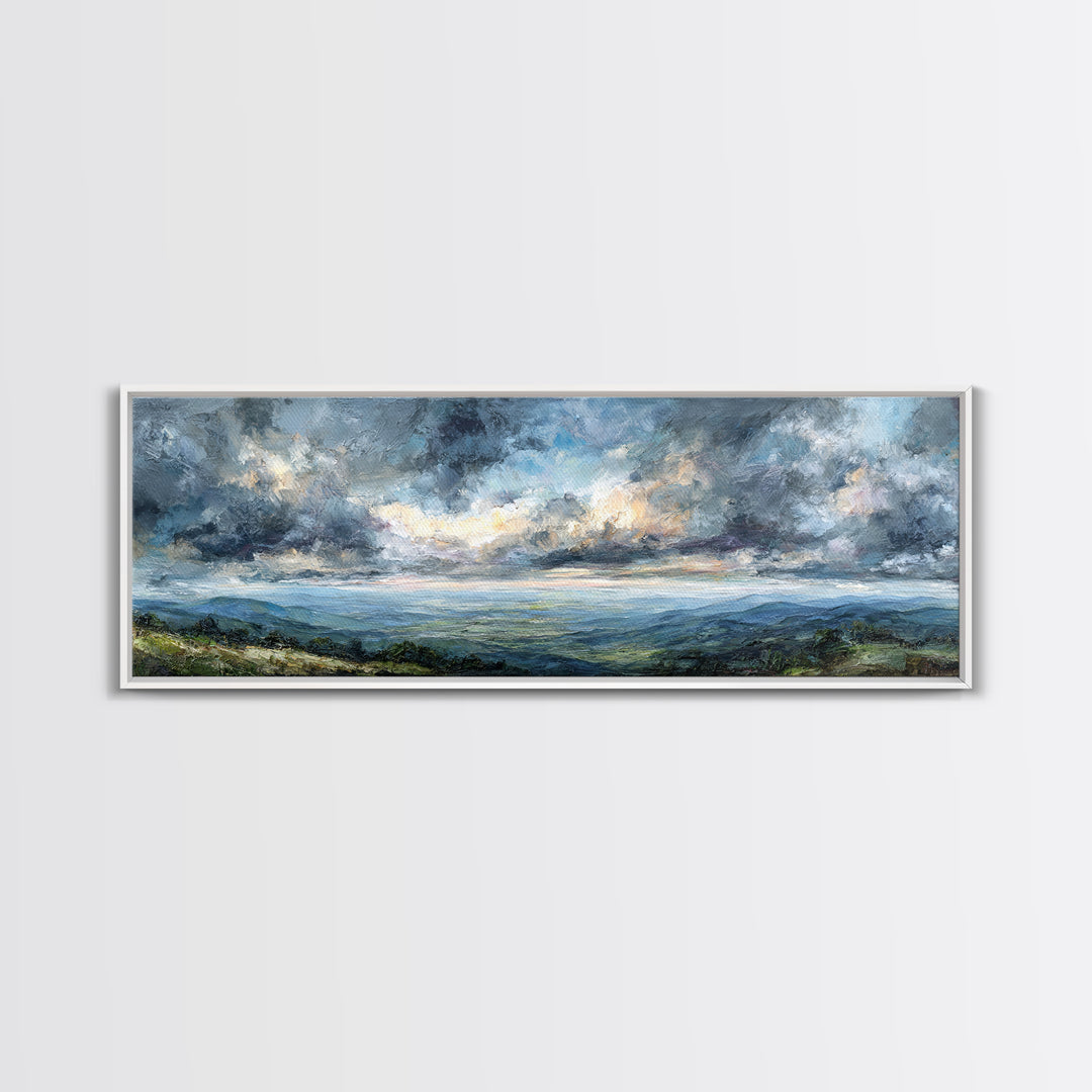 Dramatic Cloudscape over a Distant Valley Canvas Print, Above Sofa Art, Coastal Wall Art, Living Room Decor, Oil Painting, ASA-3x1-93