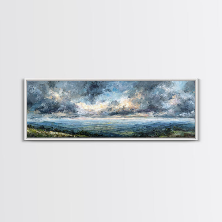 Dramatic Cloudscape over a Distant Valley Canvas Print, Above Sofa Art, Coastal Wall Art, Living Room Decor, Oil Painting, ASA-3x1-93