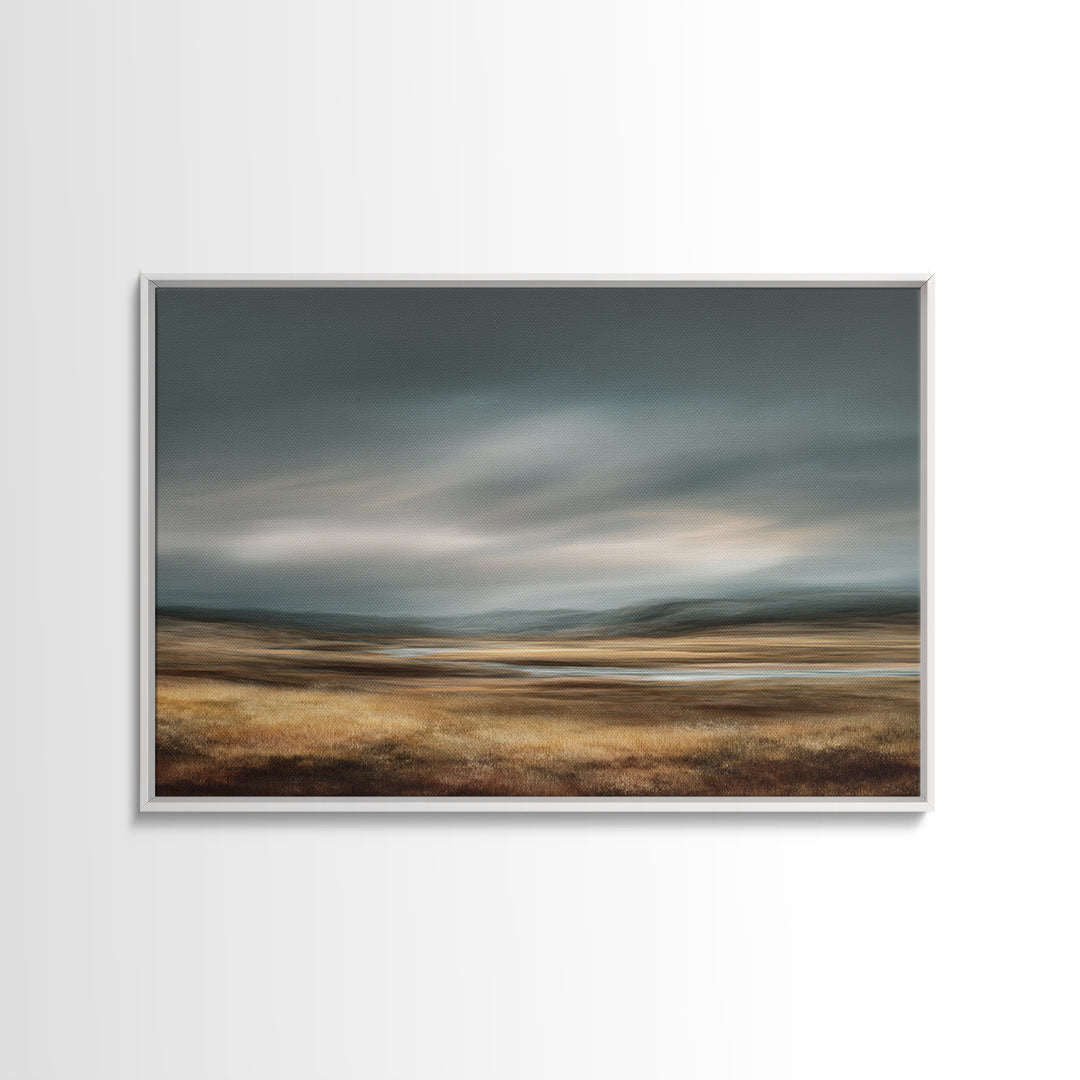 Wide Olive and Beige Meadow Panorama Framed Canvas Print, Above Sofa Art, Living Room Decor, Oil Painting, Statement, ASA-3x2-14