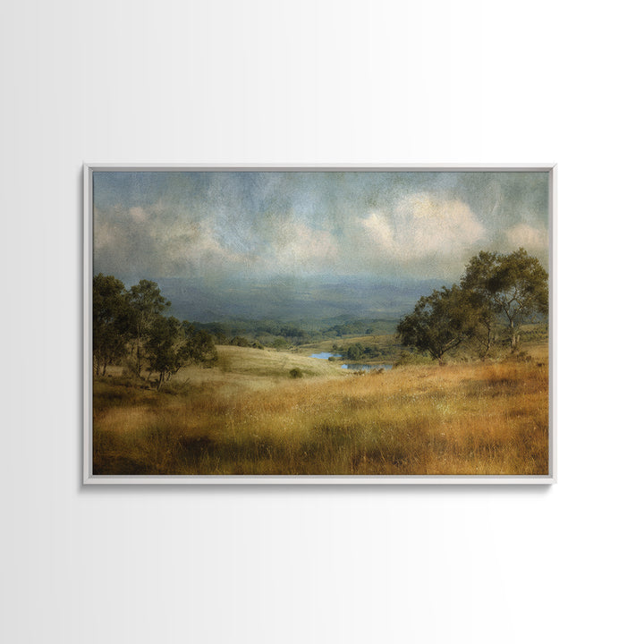 Wide Olive and Beige Meadow Panorama Framed Canvas Print, Above Sofa Art, Horizontal Wall Art, Living Room Decor, Statement, ASA-3x2-86