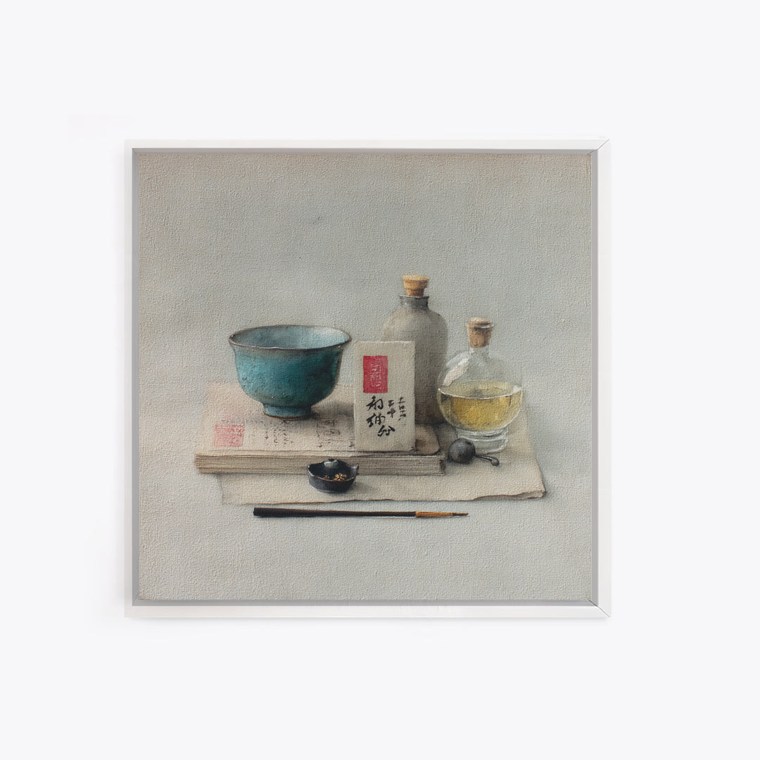 Tea Bowl and Steam Still Life on Canvas Print, Asian Inspired Art, Bird Art, Living Room Decor, Oil Painting, Harmony, ASI-1x1-15