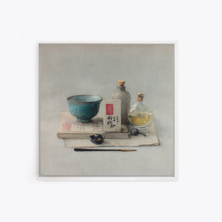 Tea Bowl and Steam Still Life on Canvas Print, Asian Inspired Art, Bird Art, Living Room Decor, Oil Painting, Harmony, ASI-1x1-15