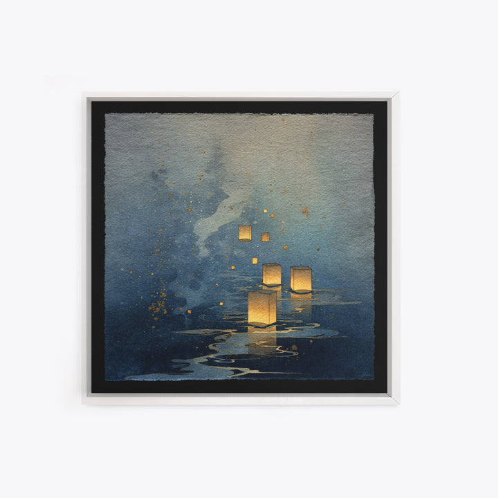 Floating Lanterns over Dark Water with Gentle Canvas Print, Asian Inspired Art, Bedroom Wall Decor, Living Room Decor, Harmony, ASI-1x1-19