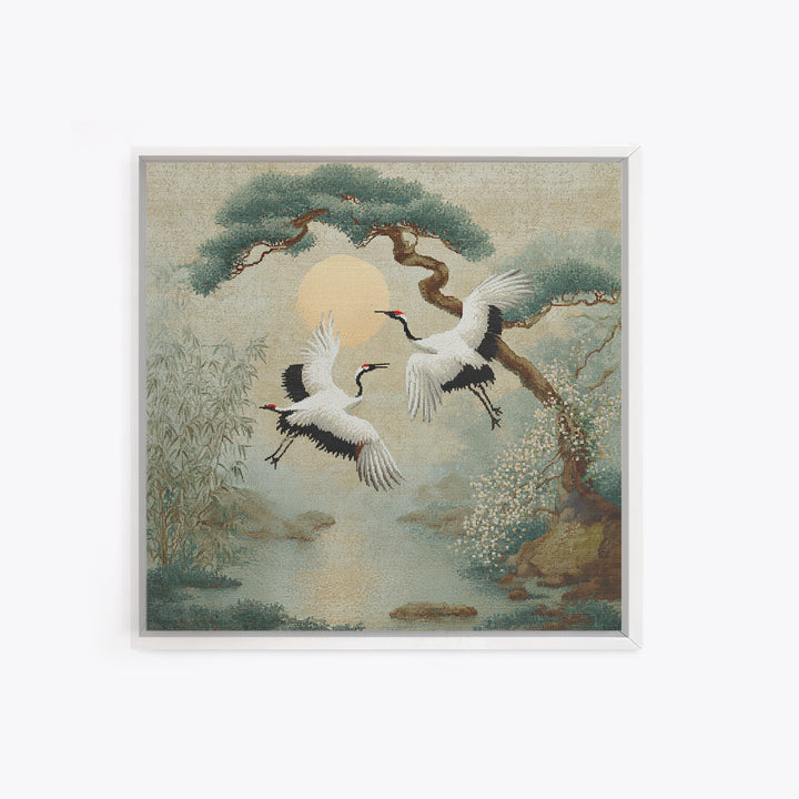 Red Crowned Cranes Flying Through Misty Pine Canvas Print, Asian Inspired Art, Modern Decor, Living Room Decor, Harmony, ASI-1x1-49