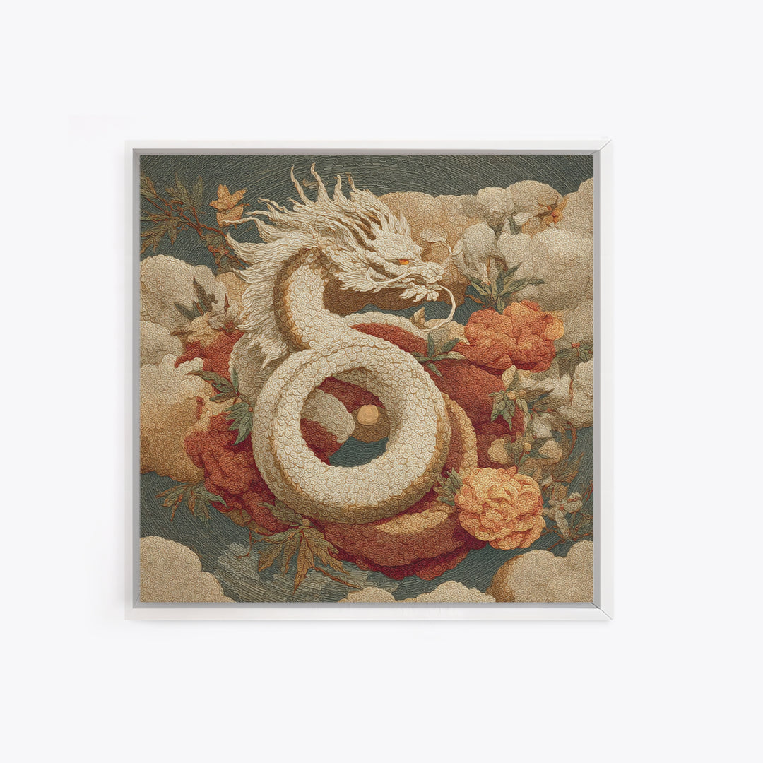 Dragon Curling Through Clouds Framed Canvas Print, Asian Inspired Art, Asian Wall Art, Living Room Decor, Oil Painting, Harmony, ASI-1x1-61