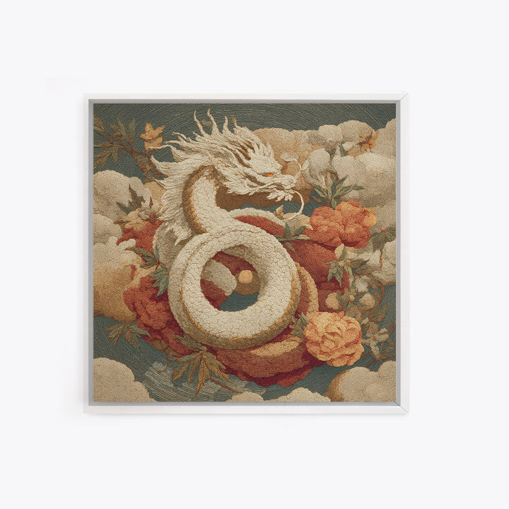 Dragon Curling Through Clouds Framed Canvas Print, Asian Inspired Art, Asian Wall Art, Living Room Decor, Oil Painting, Harmony, ASI-1x1-61
