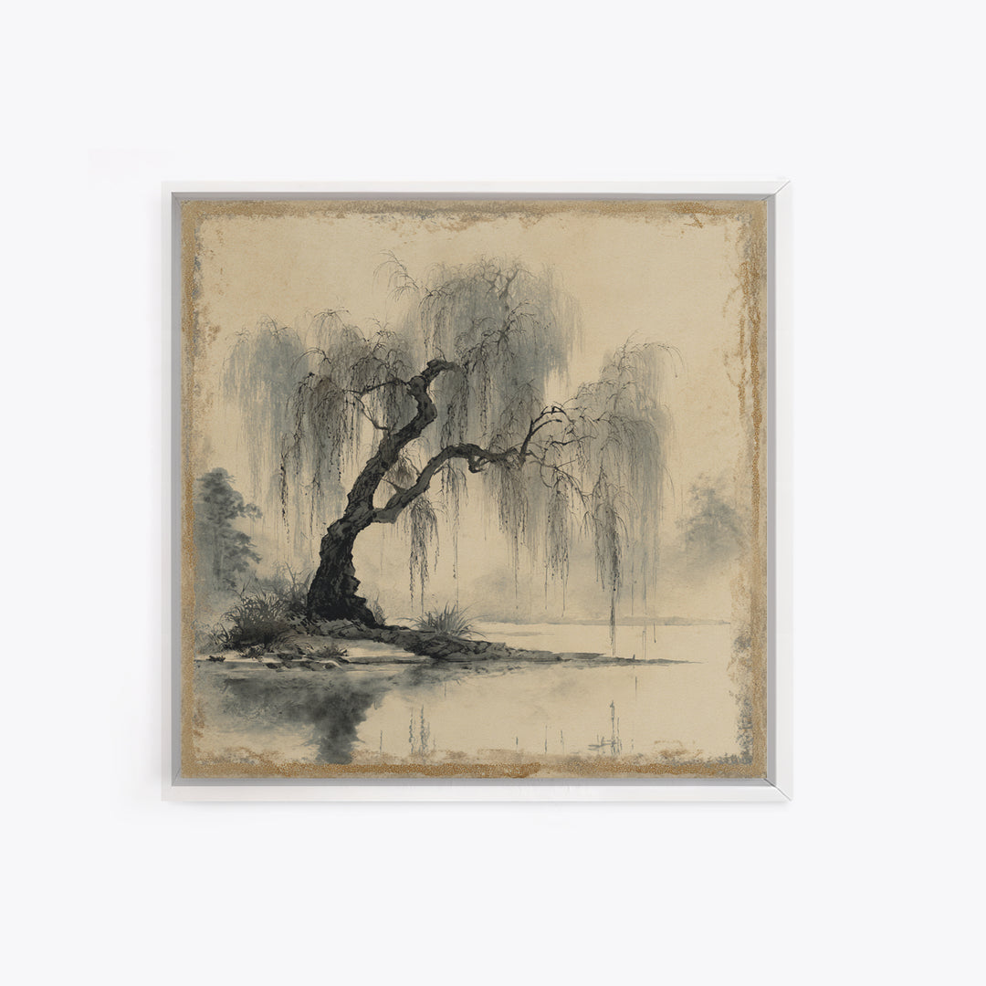 Willow Tree over a Reflective Pond Framed Canvas Print, Asian Inspired Art, Botanical Print, Living Room Decor, Abstract Art, ASI-1x1-66