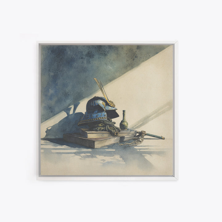 Samurai Helmet Still Life Framed Canvas Print, Asian Inspired Art, Japanese Wall Art, Living Room Decor, Fine Art, Harmony, ASI-1x1-7