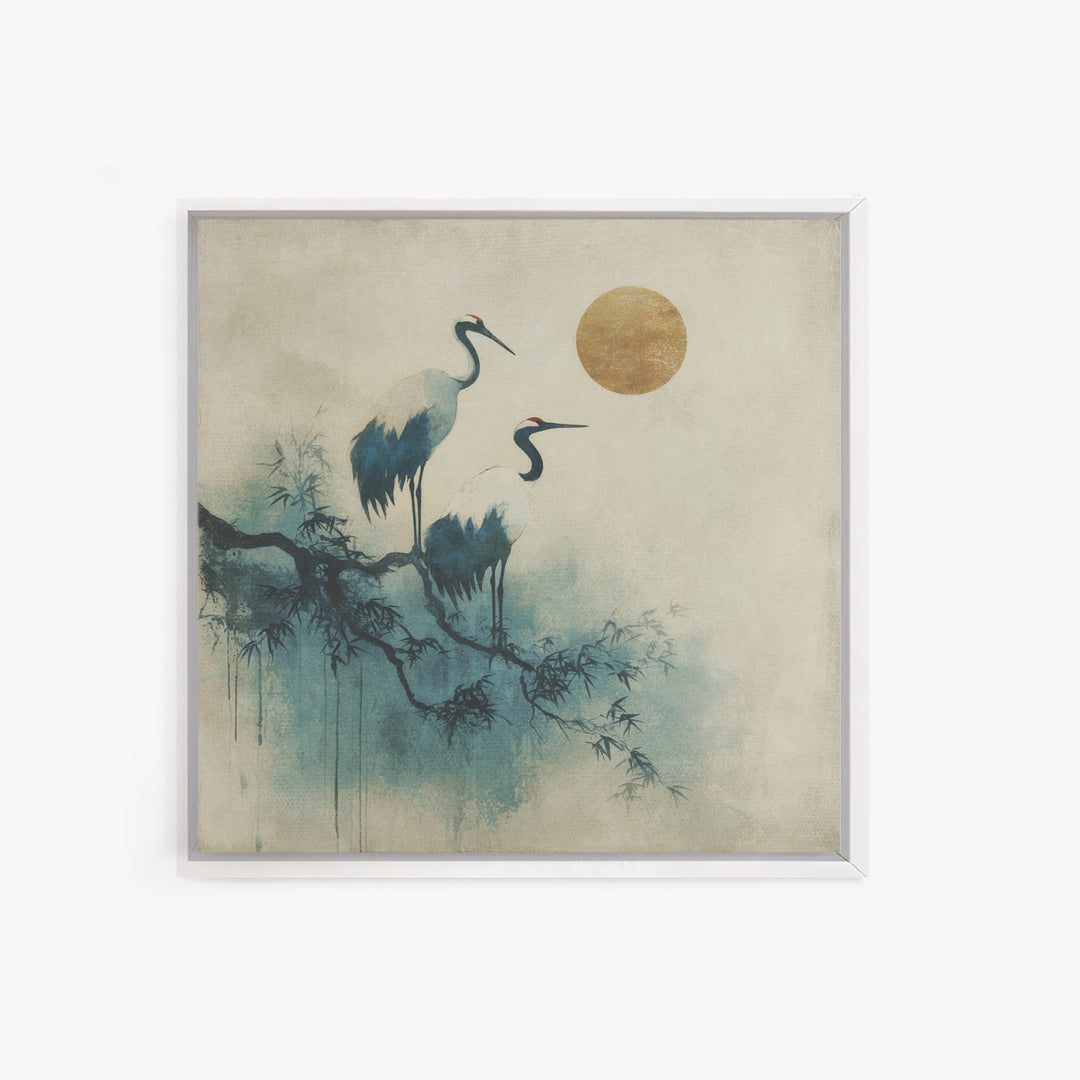 Crane and Moon Composition Framed Canvas Print, Asian Inspired Art, Japanese Art Print, Living Room Decor, Abstract Art, ASI-1x1-72