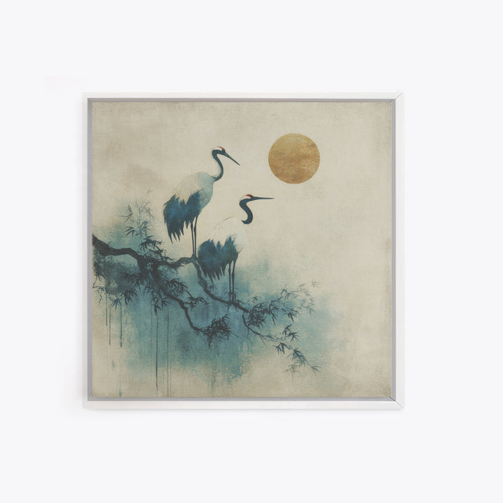 Crane and Moon Composition Framed Canvas Print, Asian Inspired Art, Japanese Art Print, Living Room Decor, Abstract Art, ASI-1x1-72