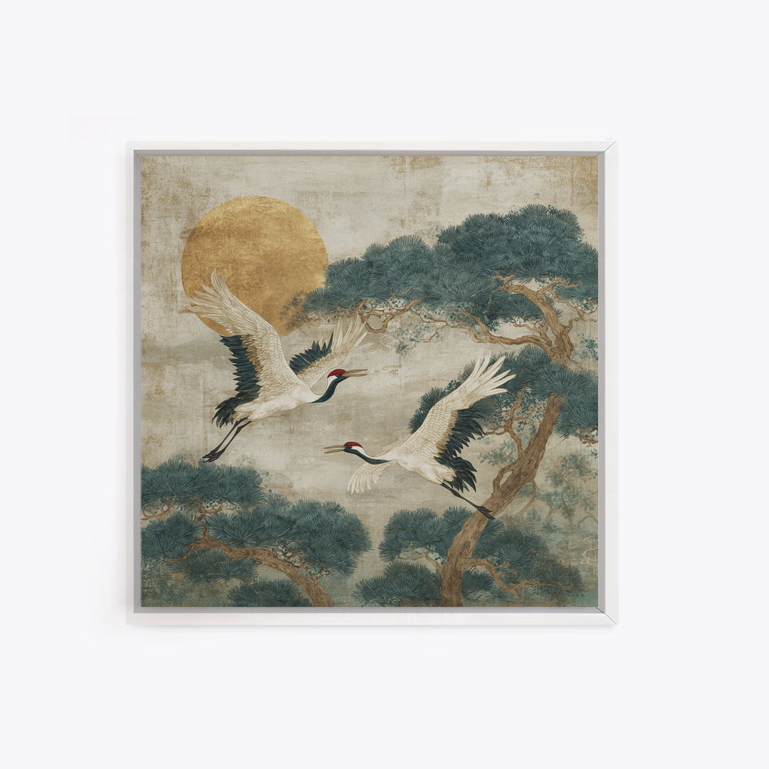 Red Crowned Cranes Flying Through Misty Pine Canvas Print, Asian Inspired Art, Art Print, Living Room Decor, Harmony, ASI-1x1-73