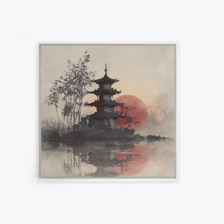 Pagoda Silhouette at Sunset Framed Canvas Print, Asian Inspired Art, Statement Artwork, Living Room Decor, Fine Art, Harmony, ASI-1x1-83