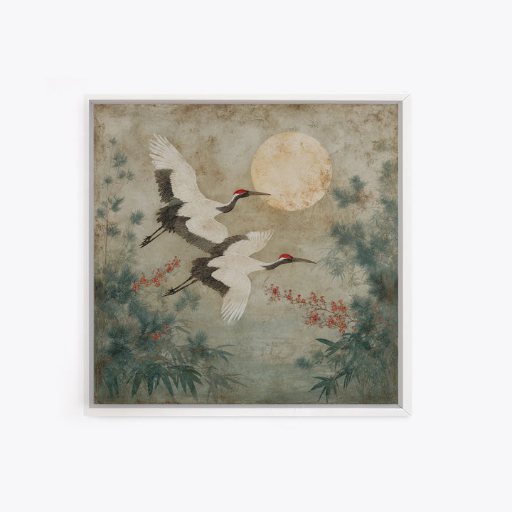 Red Crowned Cranes Flying Through Misty Pine Canvas Print, Asian Inspired Art, Wall Art, Living Room Decor, Oil Painting, ASI-1x1-97