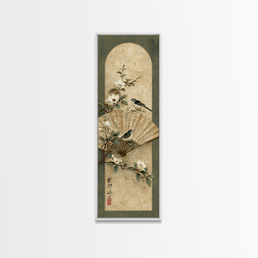 Fan Shaped Composition of Blossoms and Birds Canvas Print, Asian Inspired Art, Modern Decor, Living Room Decor, Harmony, ASI-1x3-29
