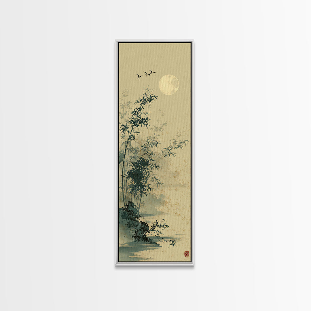 Crane and Moon Composition Canvas Print, Asian Inspired Art, Living Room Decor, Abstract Art, Harmony, Farmhouse Wall Art, ASI-1x3-60