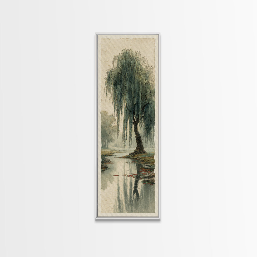 Willow Tree over a Reflective Pond Canvas Print, Asian Inspired Art, Asian Wall Art, Living Room Decor, Fine Art, Harmony, ASI-1x3-78