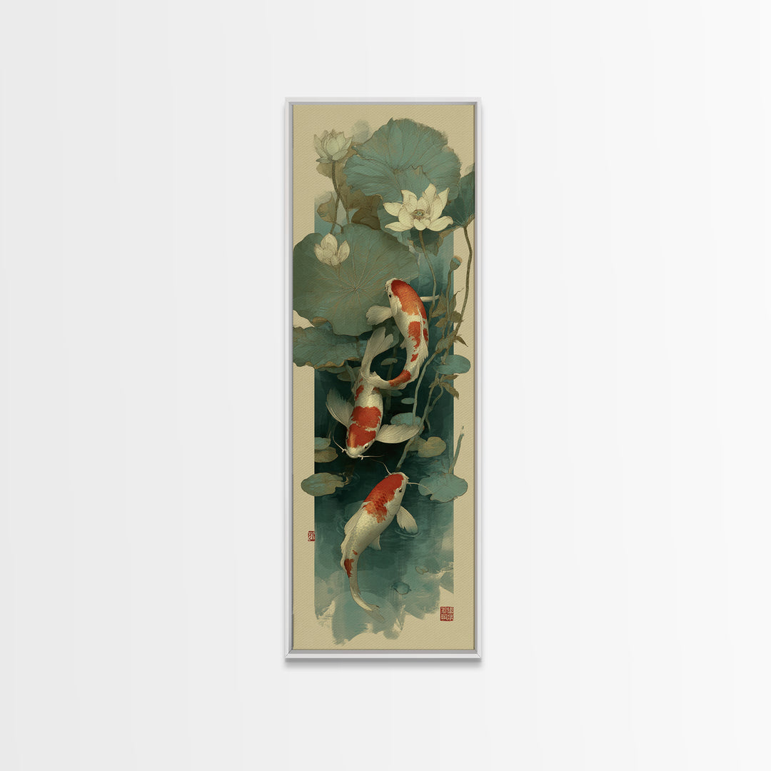 Koi Fish Circling Beneath Floating Lotus Blossoms Canvas Print, Asian Inspired Art, Luxury Decor, Living Room Decor, Harmony, ASI-1x3-86