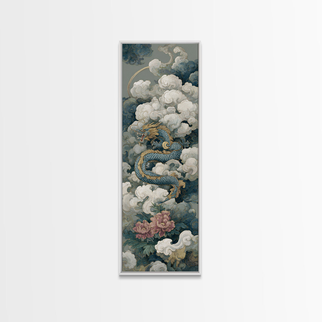 Dragon Curling Through Clouds Canvas Print, Asian Inspired Art, Spiritual Wall Art, Living Room Decor, Oil Painting, Harmony, ASI-1x3-97