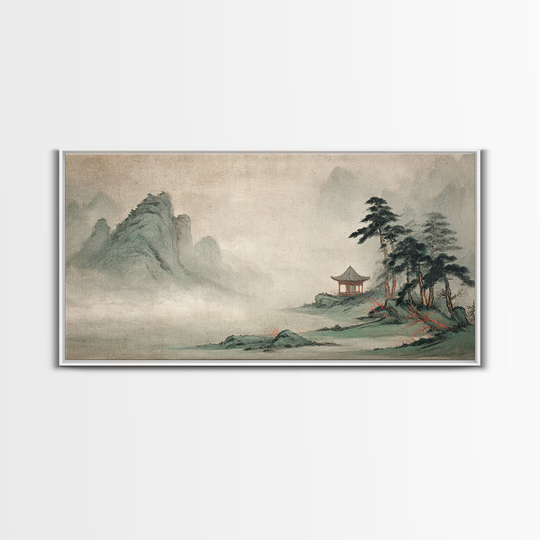 Chinese Mountain Scroll Landscape Framed Canvas Print, Asian Inspired Art, Floral Art, Living Room Decor, Oil Painting, Harmony, ASI-2x1-100