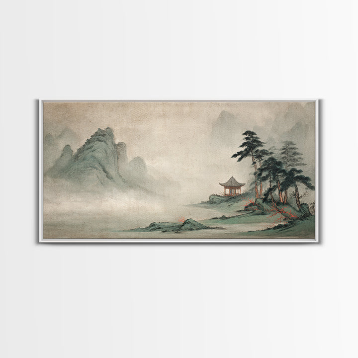 Chinese Mountain Scroll Landscape Framed Canvas Print, Asian Inspired Art, Floral Art, Living Room Decor, Oil Painting, Harmony, ASI-2x1-100