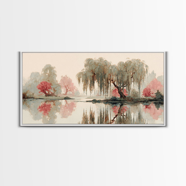 Willow Tree over a Reflective Pond Framed Canvas Print, Asian Inspired Art, Fine Art Print, Living Room Decor, Watercolor Art, ASI-2x1-14