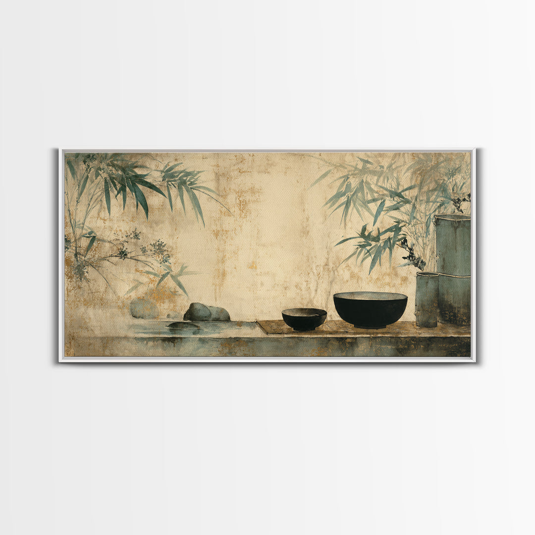 Tea Bowl and Steam Still Life on Framed Canvas Print, Asian Inspired Art, Living Room Decor, Oil Painting, Harmony, ASI-2x1-35