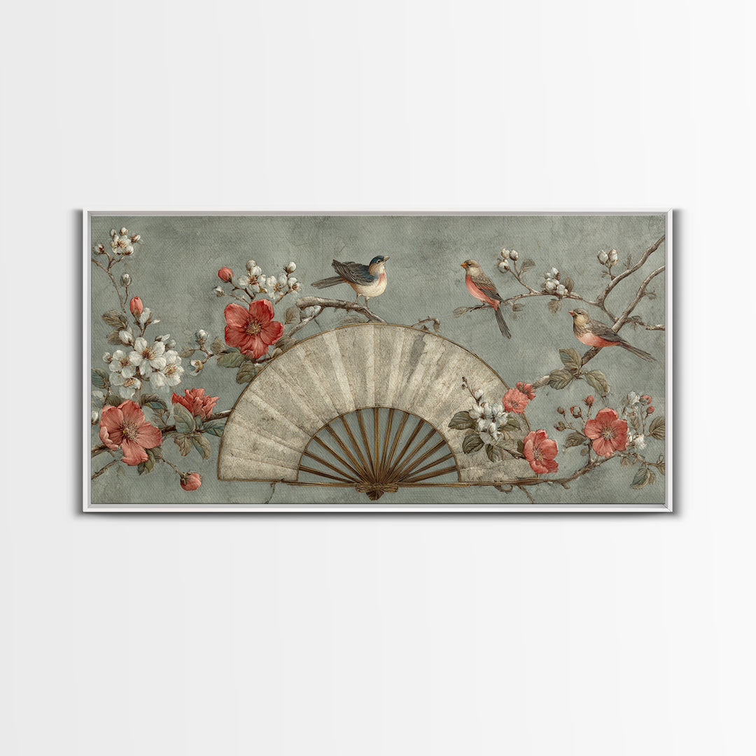 Fan Shaped Composition of Blossoms and Birds Canvas Print, Asian Inspired Art, Minimalist Decor, Living Room Decor, Harmony, ASI-2x1-37