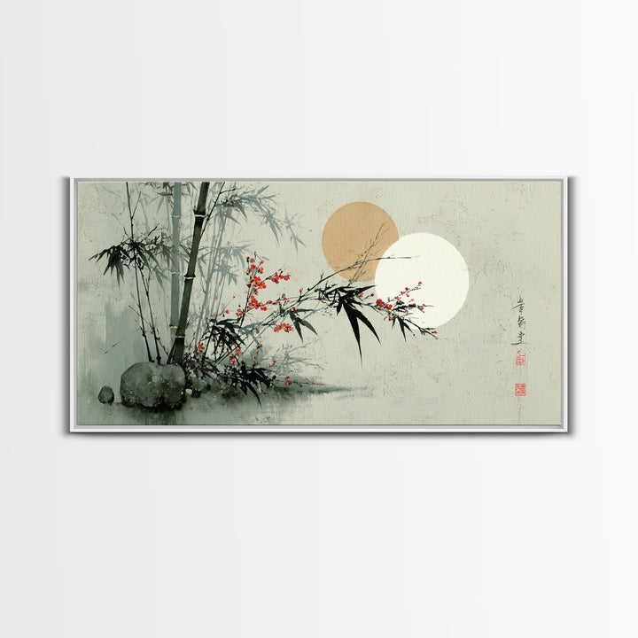 Golden Moon Behind Bamboo Silhouettes Canvas Print, Asian Inspired Art, Art Nouveau, Living Room Decor, Fine Art, Harmony, ASI-2x1-49