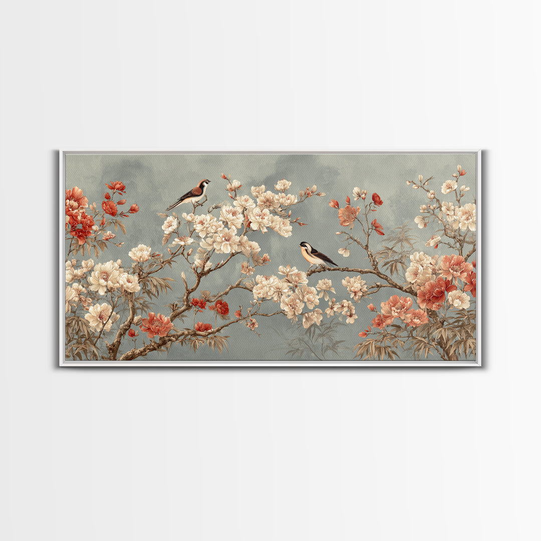 Fan Shaped Composition of Blossoms and Birds Canvas Print, Asian Inspired Art, Digital Art, Living Room Decor, Abstract Art, ASI-2x1-61