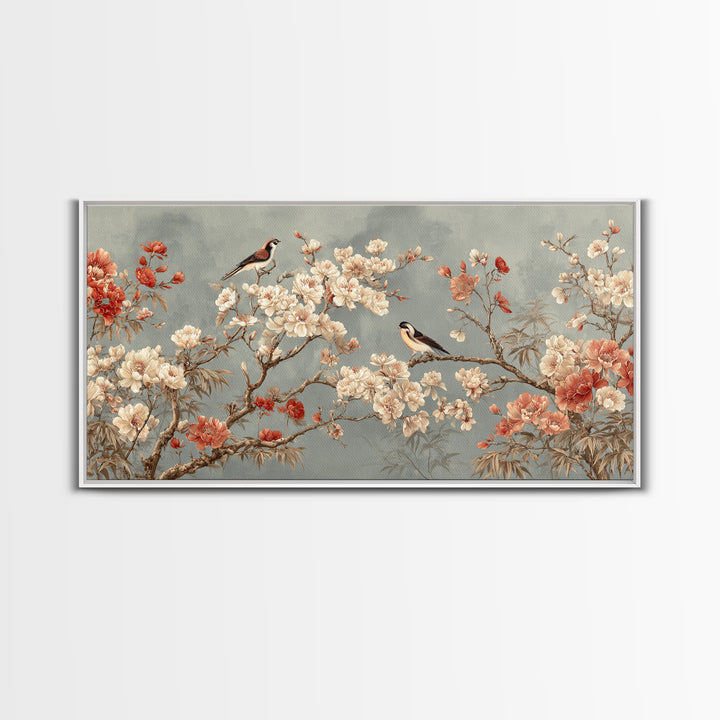 Fan Shaped Composition of Blossoms and Birds Canvas Print, Asian Inspired Art, Digital Art, Living Room Decor, Abstract Art, ASI-2x1-61