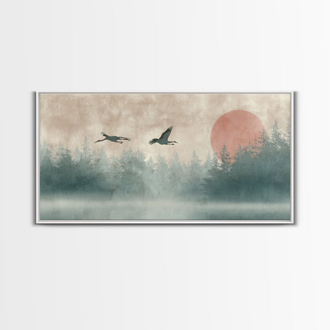 Crane and Moon Composition Canvas Print, Asian Inspired Art, Printable Art, Living Room Decor, Watercolor Art, Harmony, ASI-2x1-68