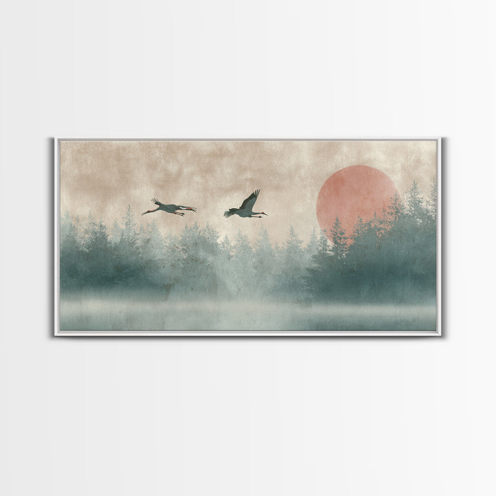 Crane and Moon Composition Canvas Print, Asian Inspired Art, Printable Art, Living Room Decor, Watercolor Art, Harmony, ASI-2x1-68