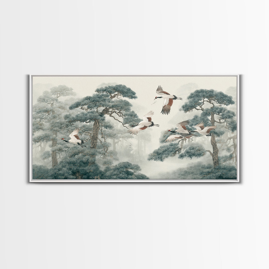 Red Crowned Cranes Flying Through Misty Pine Canvas Print, Asian Inspired Art, Japanese Art, Living Room Decor, Harmony, ASI-2x1-69