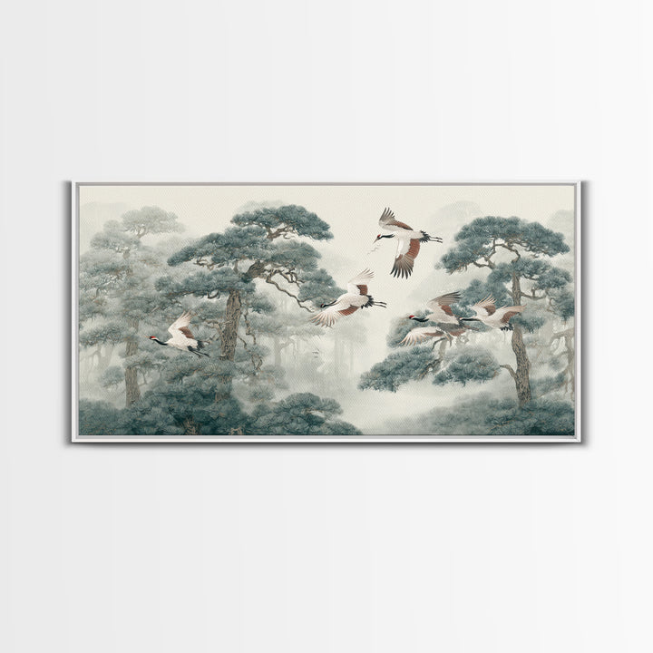 Red Crowned Cranes Flying Through Misty Pine Canvas Print, Asian Inspired Art, Japanese Art, Living Room Decor, Harmony, ASI-2x1-69