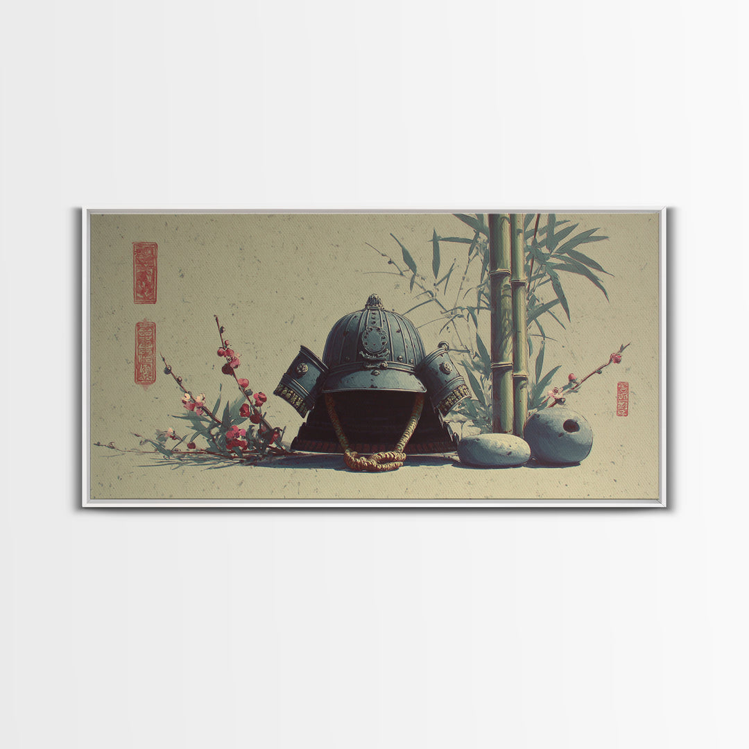 Samurai Helmet Still Life Framed Canvas Print, Asian Inspired Art, Boho Decor, Living Room Decor, Harmony, Digital Art, ASI-2x1-75