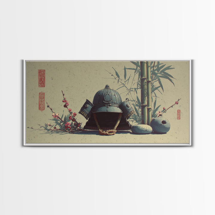 Samurai Helmet Still Life Framed Canvas Print, Asian Inspired Art, Boho Decor, Living Room Decor, Harmony, Digital Art, ASI-2x1-75