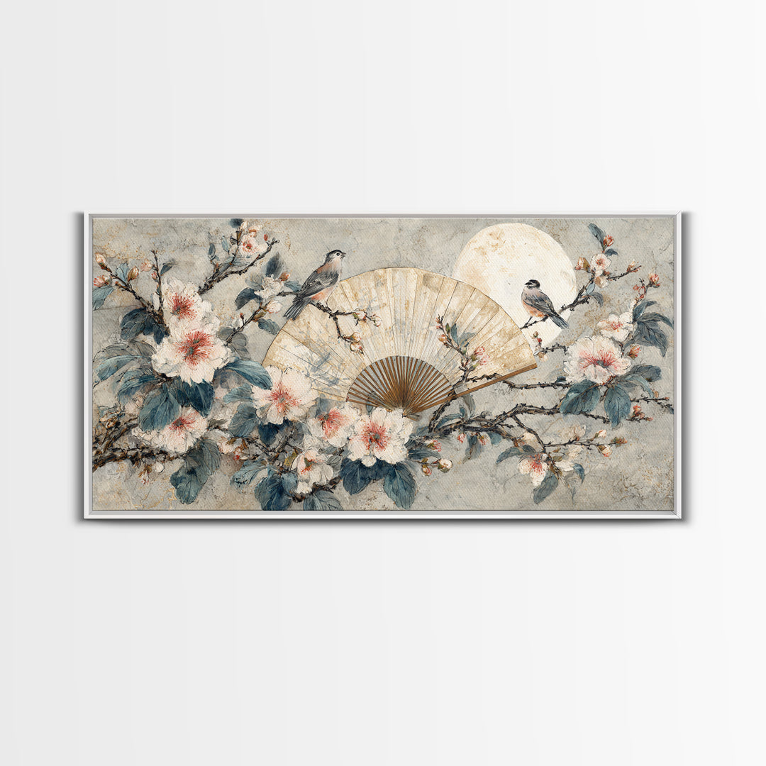 Fan Shaped Composition of Blossoms and Birds Canvas Print, Asian Inspired Art, Unique Wall Art, Living Room Decor, Harmony, ASI-2x1-85