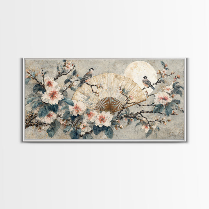 Fan Shaped Composition of Blossoms and Birds Canvas Print, Asian Inspired Art, Unique Wall Art, Living Room Decor, Harmony, ASI-2x1-85