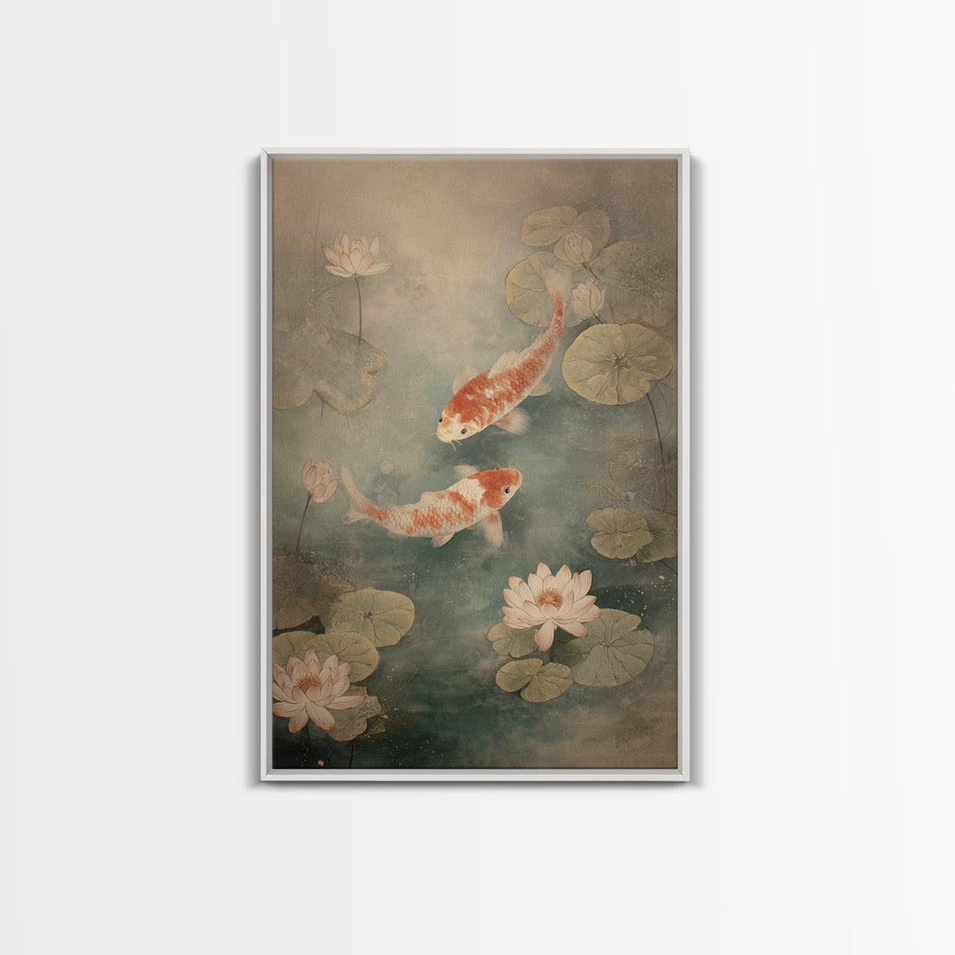 Koi Fish Circling Beneath Floating Lotus Blossoms Canvas Print, Asian Inspired Art, Luxury Decor, Living Room Decor, Harmony, ASI-2x3-10