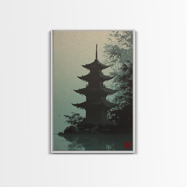 Pagoda Silhouette at Sunset Framed Canvas Print, Asian Inspired Art, Neutral Decor, Living Room Decor, Fine Art, Harmony, ASI-2x3-19