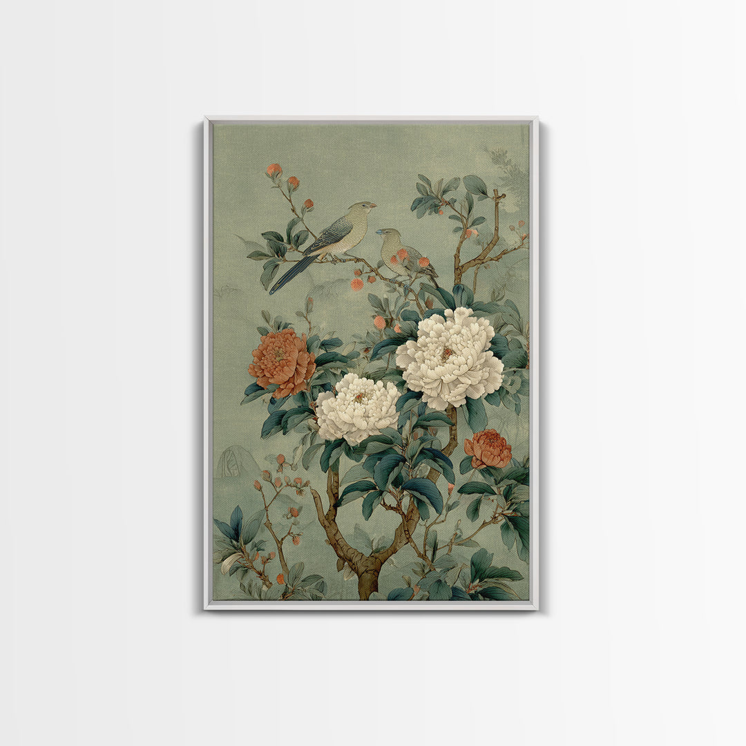 Fan Shaped Composition of Blossoms and Birds Framed Canvas Print, Asian Inspired Art, Wall Art, Living Room Decor, Harmony, ASI-2x3-25