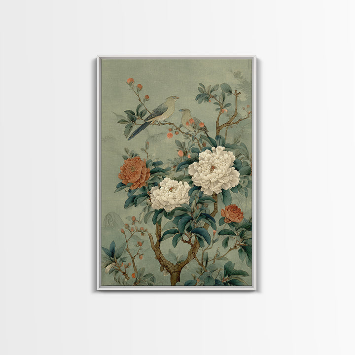 Fan Shaped Composition of Blossoms and Birds Framed Canvas Print, Asian Inspired Art, Wall Art, Living Room Decor, Harmony, ASI-2x3-25