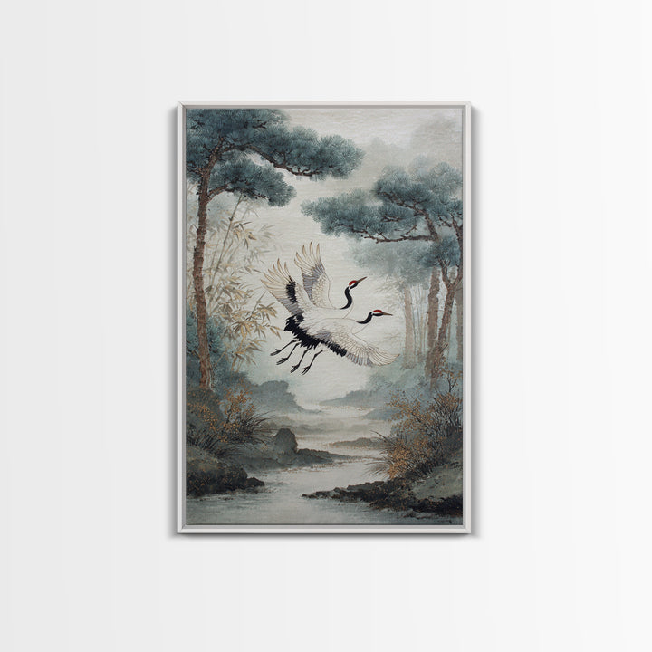 Red Crowned Cranes Flying Through Misty Pine Canvas Print, Asian Inspired Art, Printable Art, Living Room Decor, Harmony, ASI-2x3-33