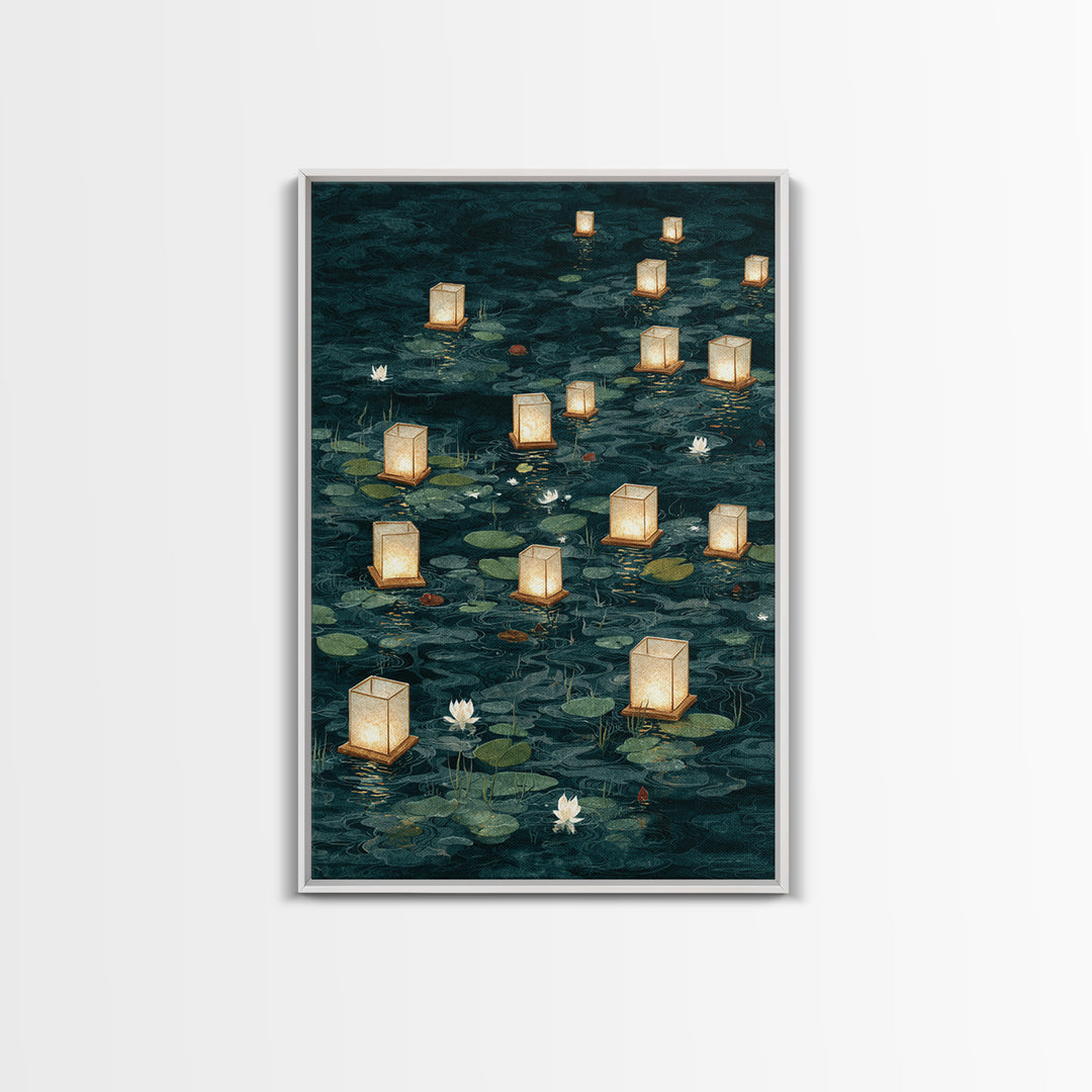Floating Lanterns over Dark Water with Gentle Canvas Print, Asian Inspired Art, Room Decor, Living Room Decor, Harmony, ASI-2x3-51